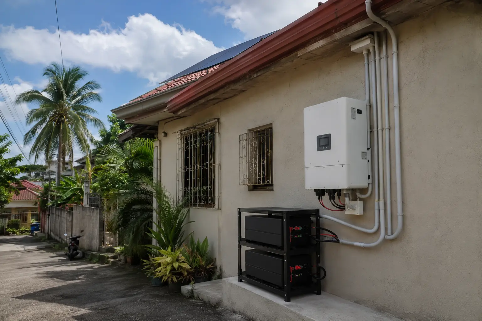 Wall-mounted hybrid inverter and stacked LiFePO4 battery rack on the exterior wall of a home in the Philippines