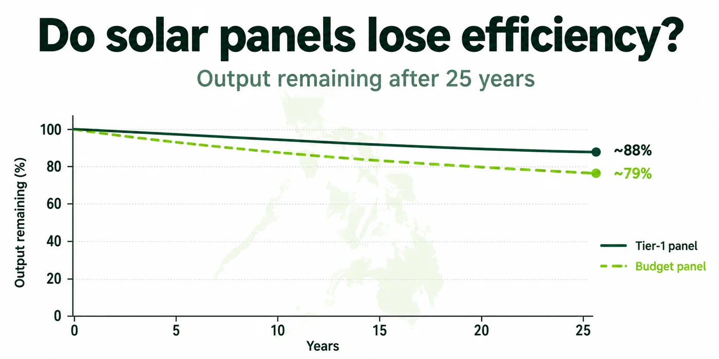 Line chart showing tier-1 solar panels retaining about 88 percent output and budget panels about 79 percent output after 25 years
