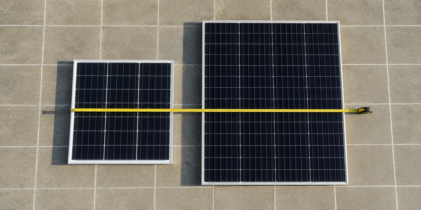 Diagram comparing a standard 144-cell solar panel footprint against a larger-format 600W panel footprint on a rooftop grid