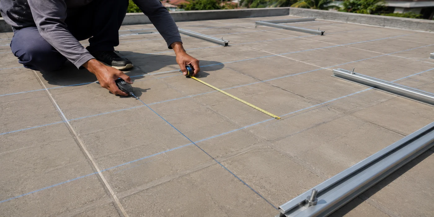 Installer measuring and marking out a rooftop layout grid before mounting solar panels