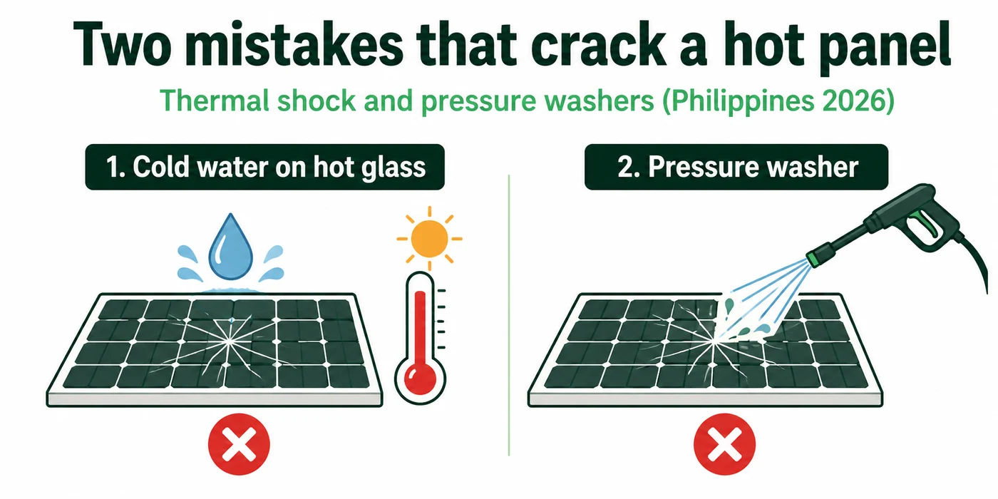 Diagram contrasting safe solar panel cleaning with a soft brush and garden hose against unsafe methods like pressure washers and midday cold water