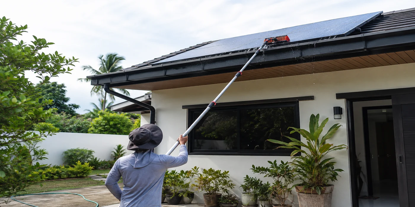 A homeowner cleaning rooftop solar panels safely from ground level using a soft brush on an extension pole, without stepping on the panels