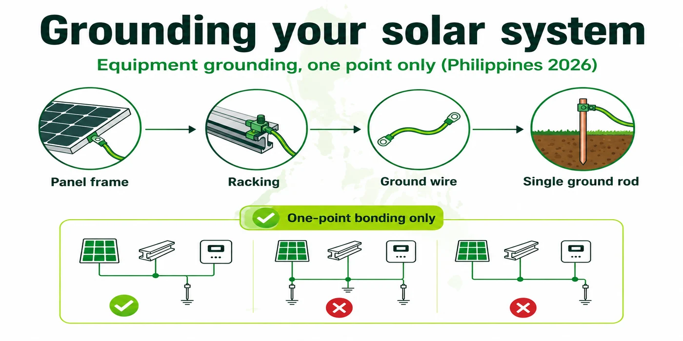 Diagram showing equipment grounding flow from panel frame to racking to ground wire to a single ground rod, with one-point bonding highlighted