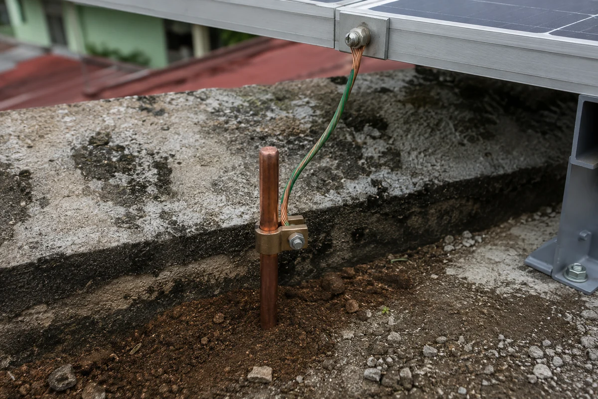 Ground rod and copper ground wire connected to a solar panel mounting rail on a Filipino rooftop