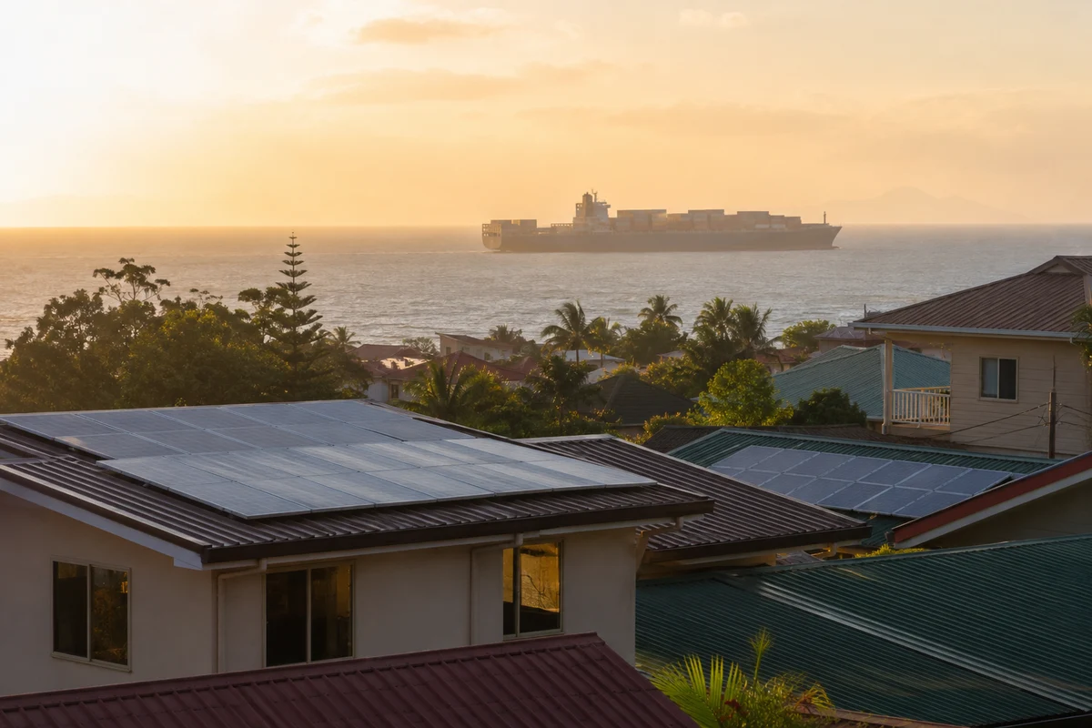 Rooftop solar panels on Filipino homes with a cargo ship and shipping containers visible in the distance, symbolizing imported LNG