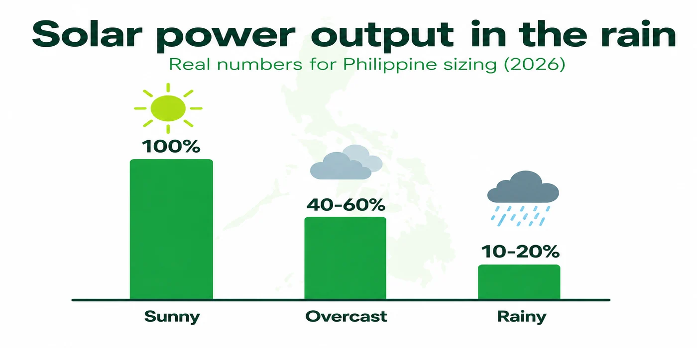 Bar chart comparing solar panel output on sunny days (100%), overcast days (40-60%), and rainy days (10-20%)