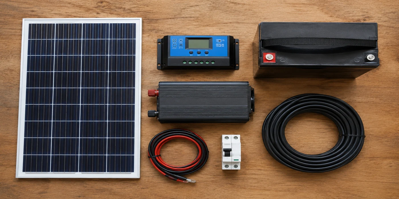 All six core DIY solar components laid out on a workbench: solar panel, charge controller, battery, inverter, wire, and breaker