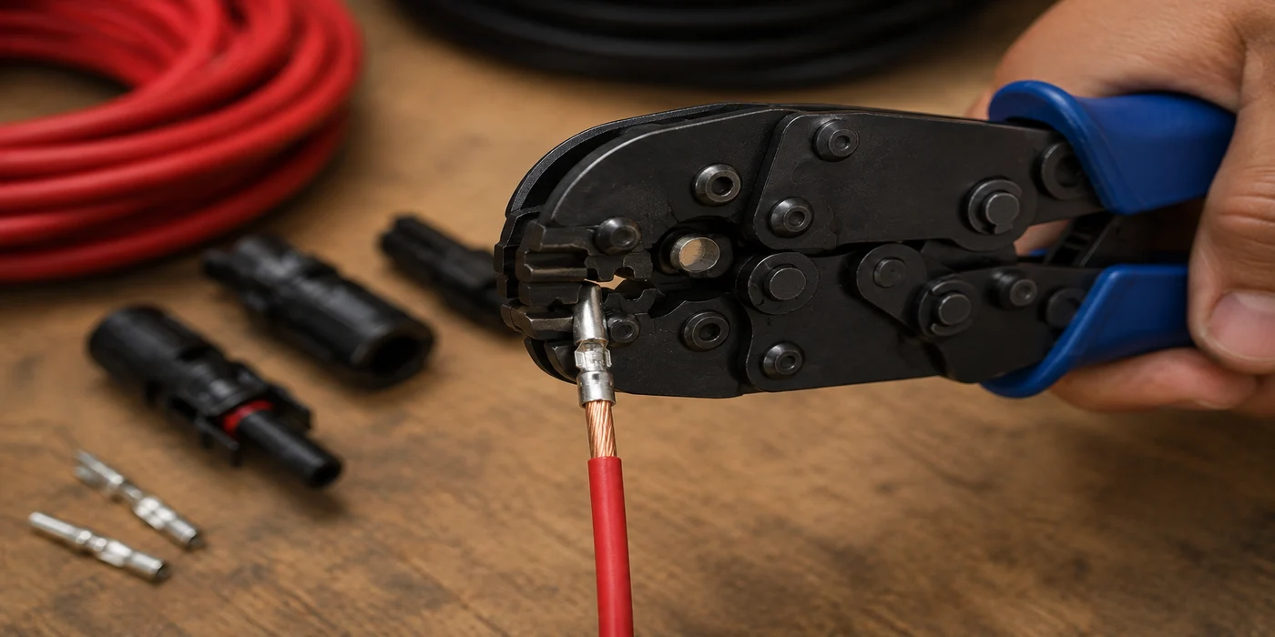 Close-up of an MC4 crimping tool crimping a connector pin onto stripped solar PV wire