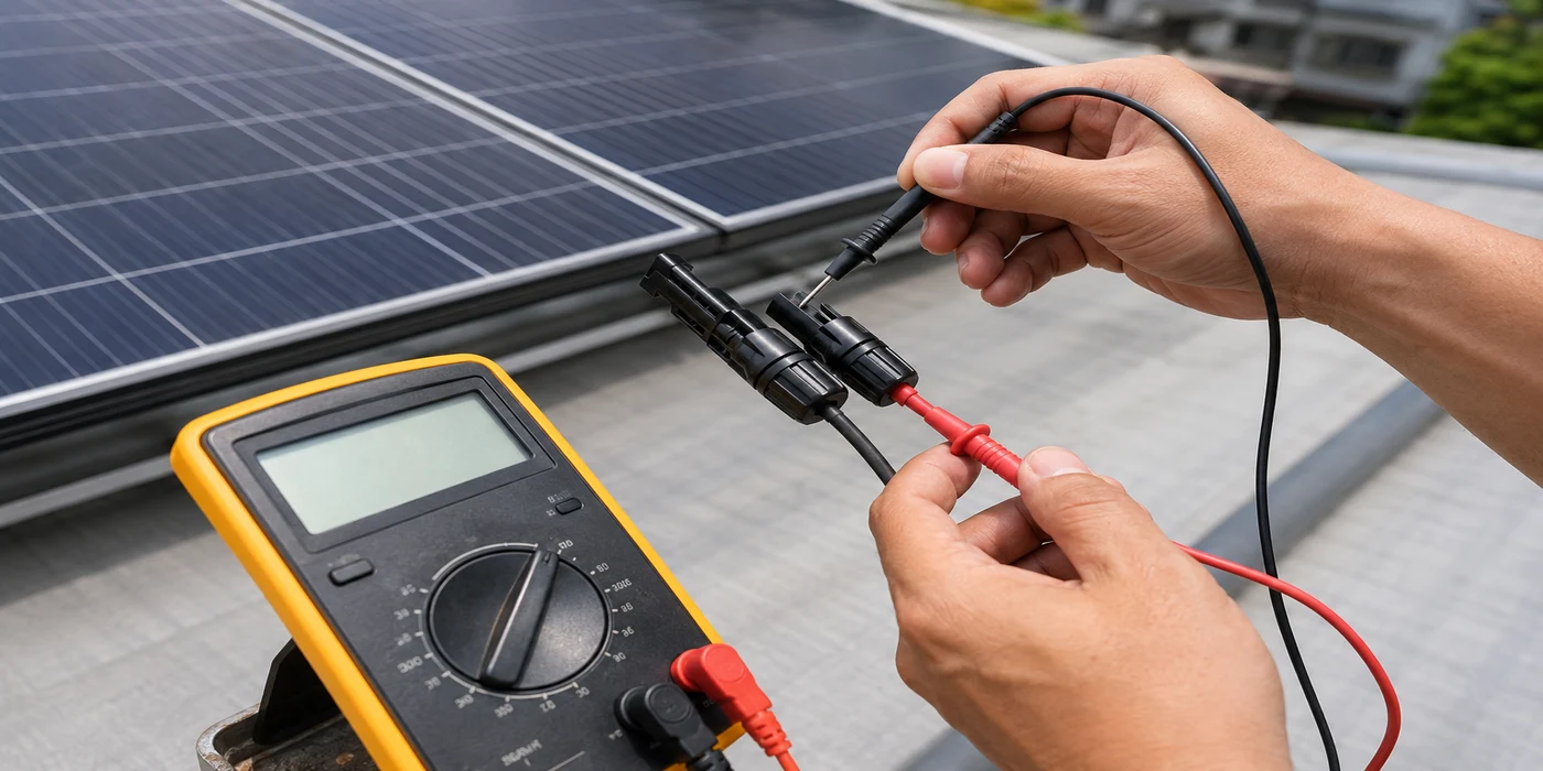 Hands using a digital multimeter to check DC voltage on solar panel MC4 connectors