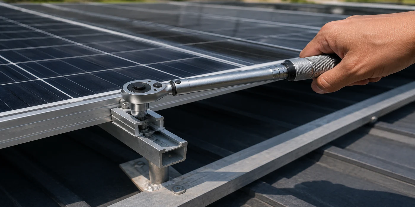 Hand using a torque wrench to tighten a solar panel mounting clamp on a rooftop
