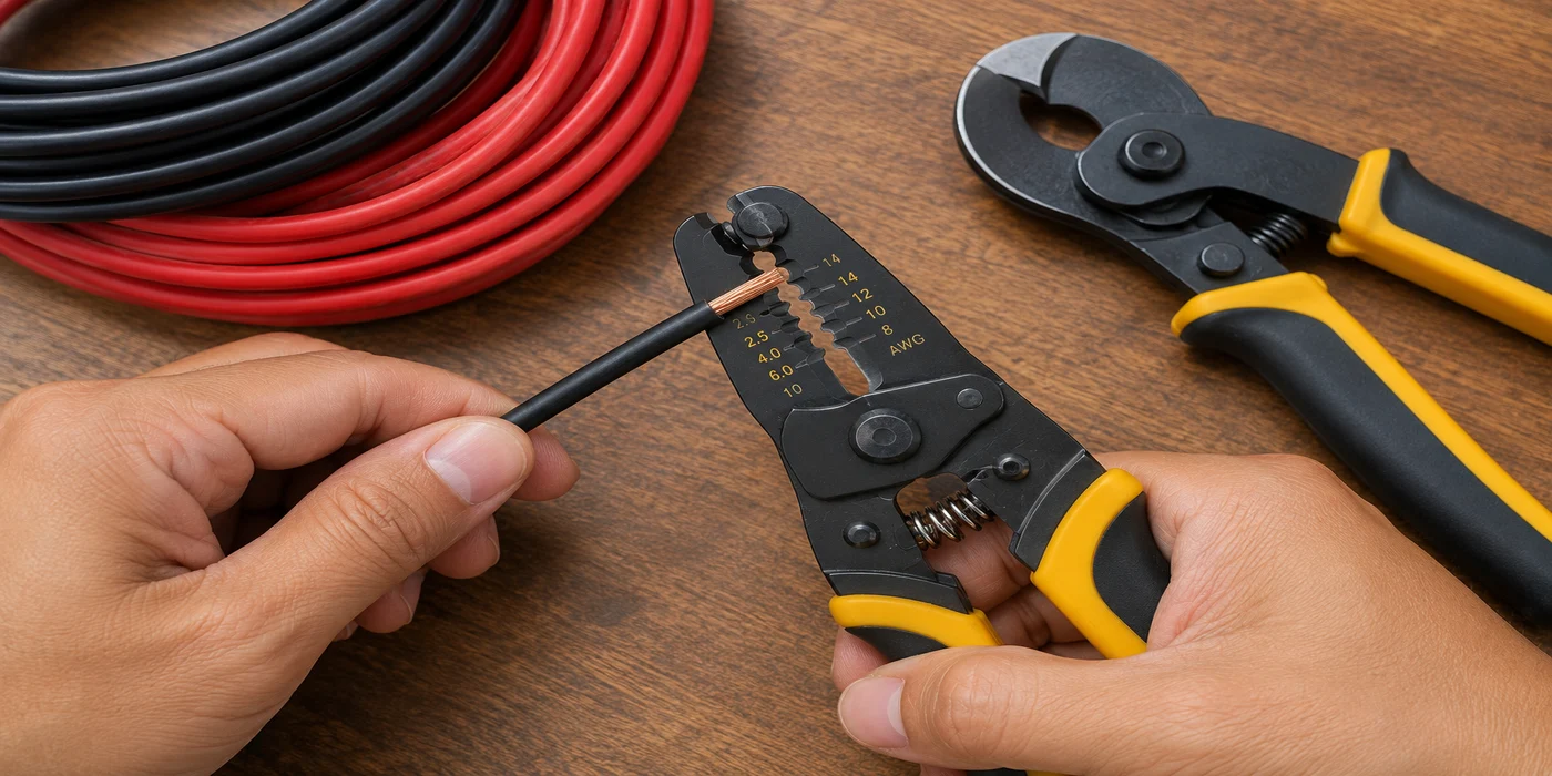 Hands using a PV wire stripper and heavy-duty cable cutter on solar cable