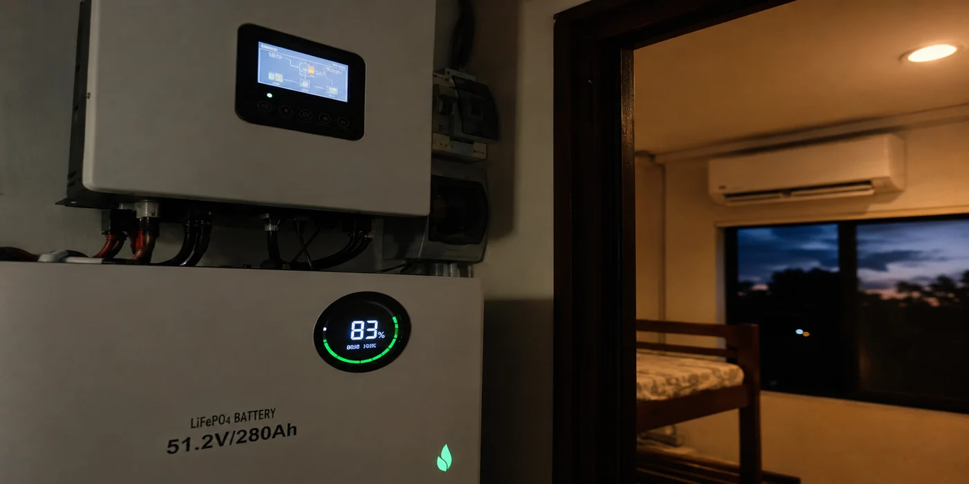 Visual breakdown of a home battery bank being drawn down by an aircon running for several hours