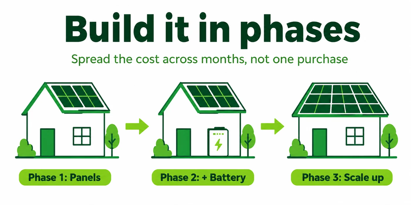Three-phase illustration of a DIY solar build: panels only, then adding a battery, then scaling up panel capacity