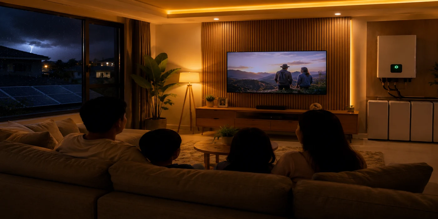 A Filipino family comfortably relaxing in a warmly lit living room at night during a storm, powered by their home's solar battery backup