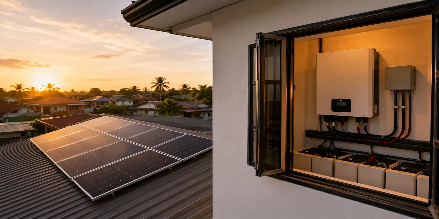 Rooftop solar panels at sunset connecting through to an indoor hybrid inverter and battery bank, illustrating a hybrid solar setup