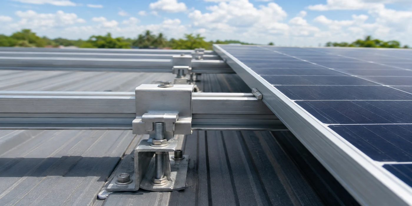Close-up of galvanized steel solar panel mounting rails and clamps installed on a rooftop