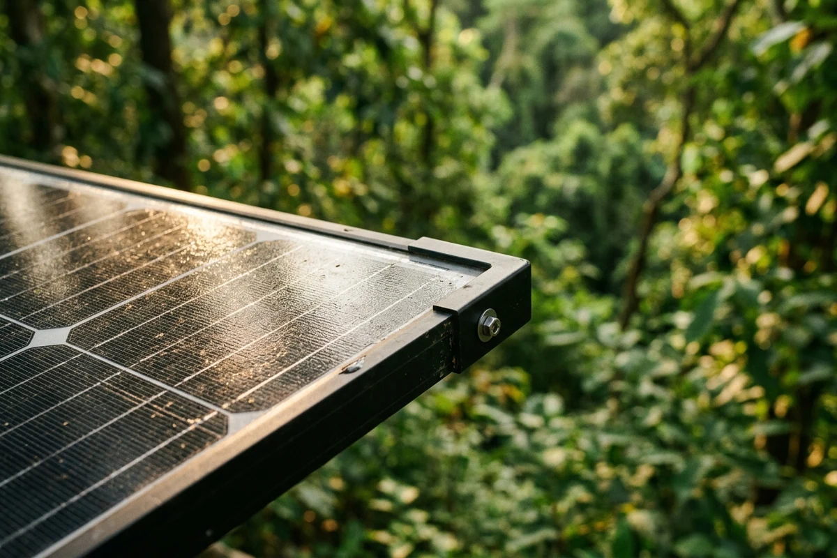 Close-up of a solar panel corner with sunlight glinting off the glass and a blurred green forest canopy in the background