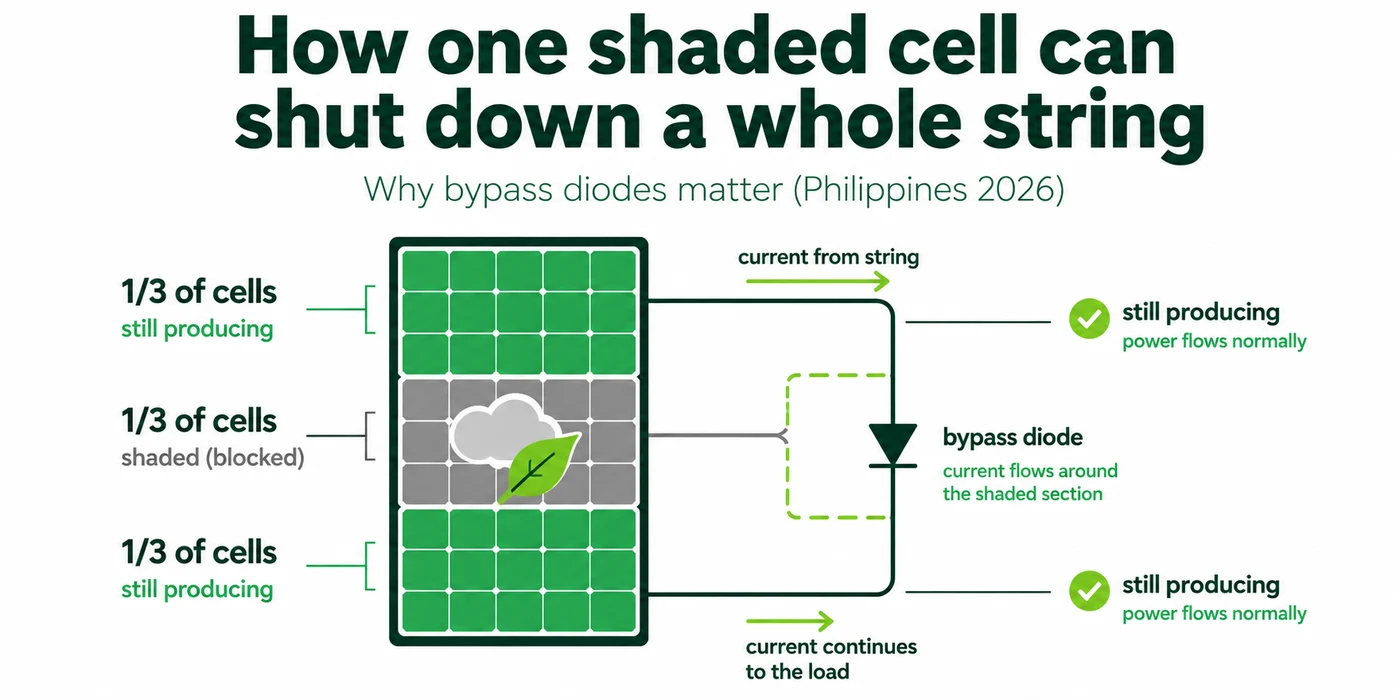 Diagram showing how a small shadow on one solar cell triggers a bypass diode that disables a full third of the panel, and how that throttles an entire series string