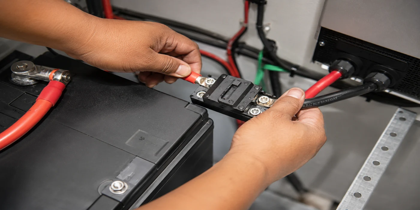 Close-up of hands connecting a DC circuit breaker between a battery terminal and inverter cable