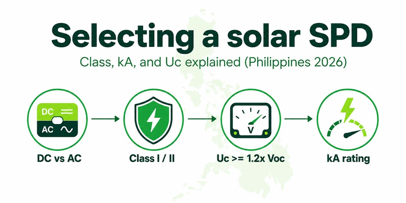 Diagram showing the four things to check when selecting a solar SPD: DC vs AC circuit, Class I or II rating, Uc at least 1.2 times Voc, and kA rating
