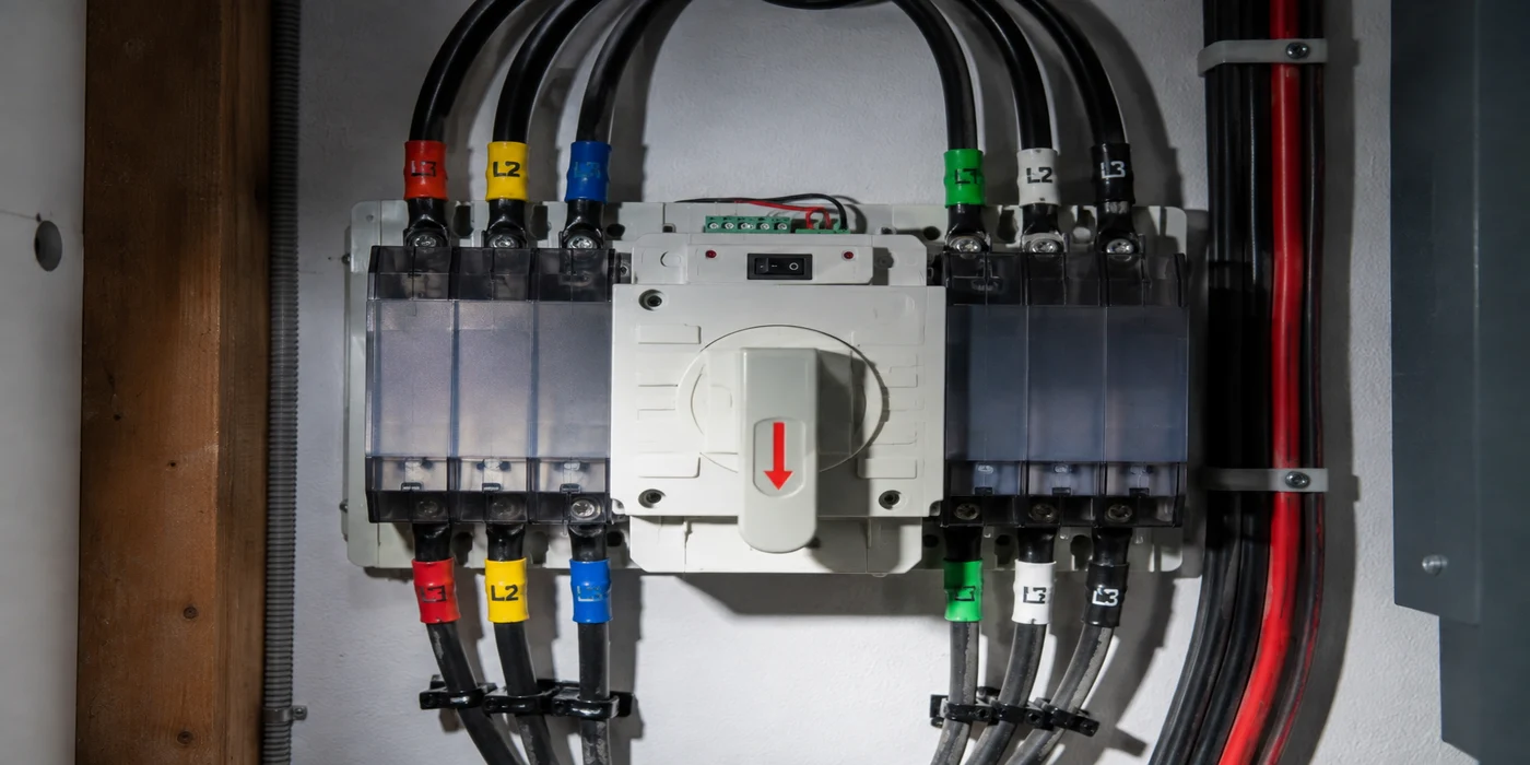 A physical automatic transfer switch mounted on a wall with labeled colored wire tags entering the terminals