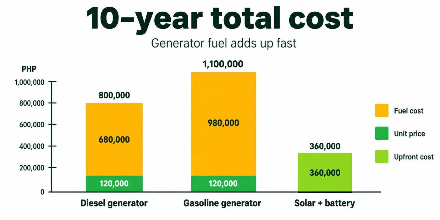 10-year total cost of ownership chart comparing a diesel generator, gasoline generator, and solar plus battery system