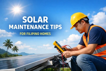 Cleaning solar panels on a Philippine rooftop