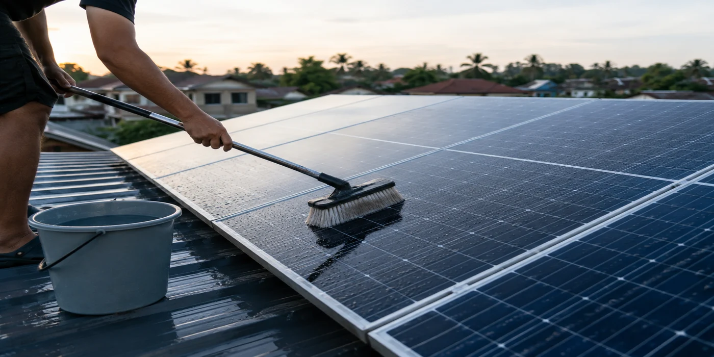 A person gently cleaning a rooftop solar panel with a soft brush and water in early morning light