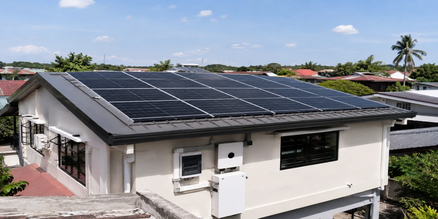 Mid-size Filipino residential rooftop with an installed solar panel array and inverter/battery unit mounted below