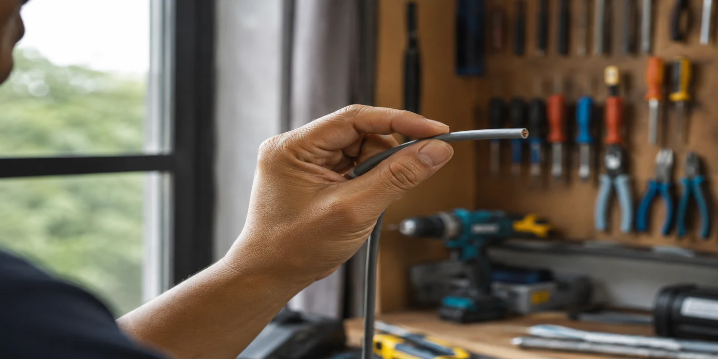 Person reading small printed text on an electrical wire jacket to identify its insulation type and gauge